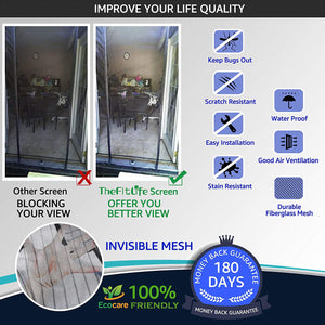 TheFitLife Double Door Magnetic Screen - Mesh Curtain with Full Frame Hook & Loop Powerful Magnets, Snap Shut Automatically for Patio, Sliding Or Large Door, Black Fits Doors up to 60''x80'' Max