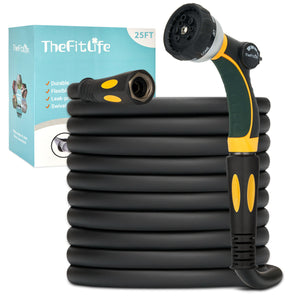 TheFitLife Flexible Garden Hose 25FT - Heavy Duty Kink Resistant Water Hose with Soft Grip Handle and 8 Function Nozzle, Durable, Strength and Leak Proof Hose for Gardening, Outdoor, Yard