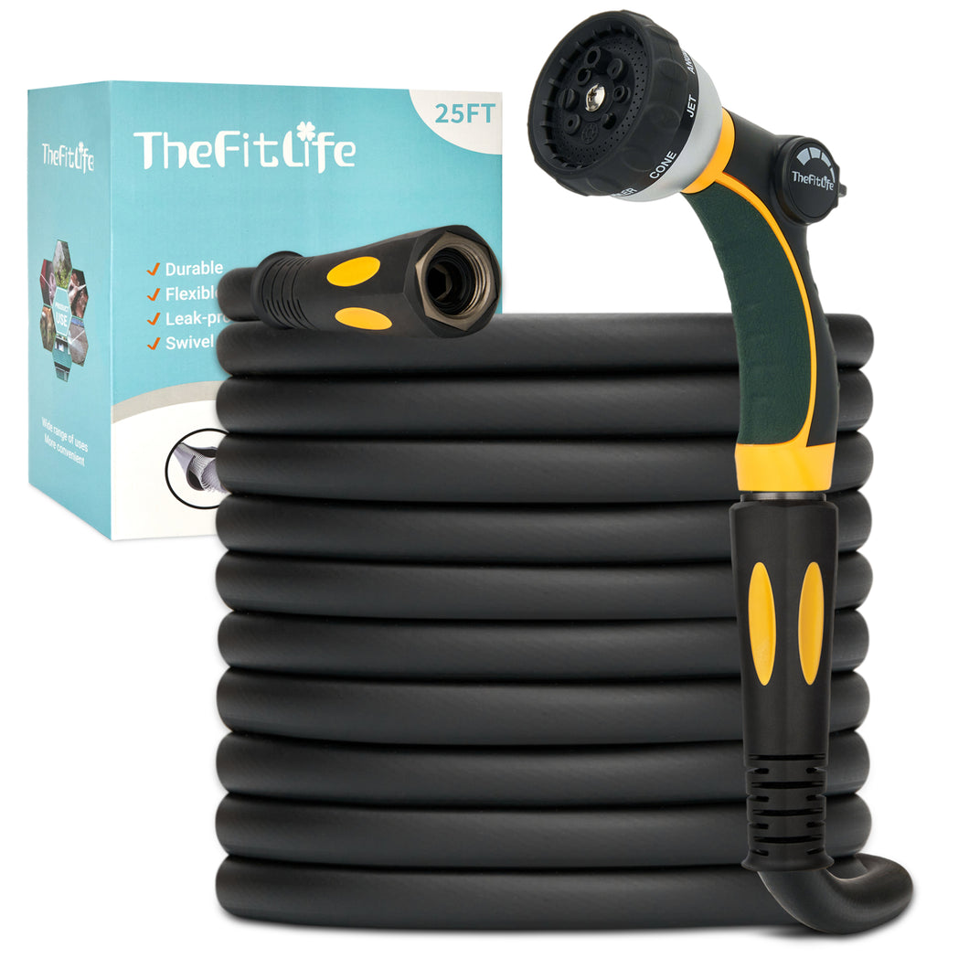 TheFitLife Flexible Garden Hose 25FT - Heavy Duty Kink Resistant Water Hose with Soft Grip Handle and 8 Function Nozzle, Durable, Strength and Leak Proof Hose for Gardening, Outdoor, Yard
