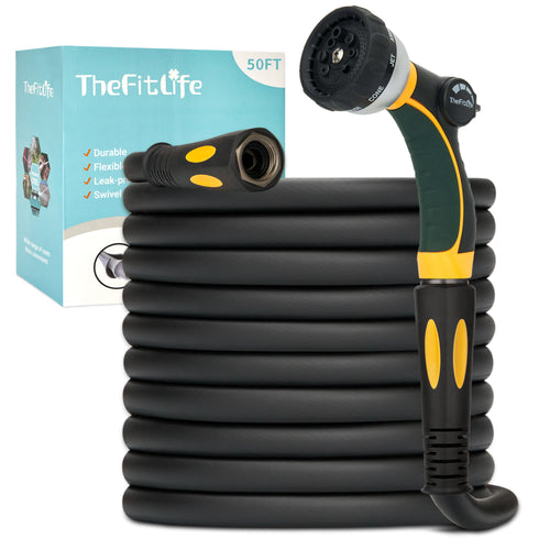 TheFitLife Flexible Garden Hose 50FT - Heavy Duty Kink Resistant Water Hose with Soft Grip Handle and 8 Function Nozzle, Durable, Strength and Leak Proof Hose for Gardening, Outdoor, Yard