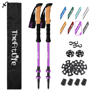 TheFitLife Trekking Poles for Hiking and Walking - Lightweight 7075 Aluminum with Metal Flip Lock and Natural Cork Grip, Walking Sticks for Men, Women, Collapsible, Telescopic, Camping Gear(Purple)