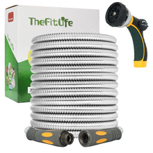 TheFitLife Flexible Metal Garden Hose - 100FT Lightweight Stainless Steel Water Hose with Solid Fittings and Sprayer Nozzle - Leak Proof, Kink Free, Anti-rust, Large Diameter, Durable and Easy Storage