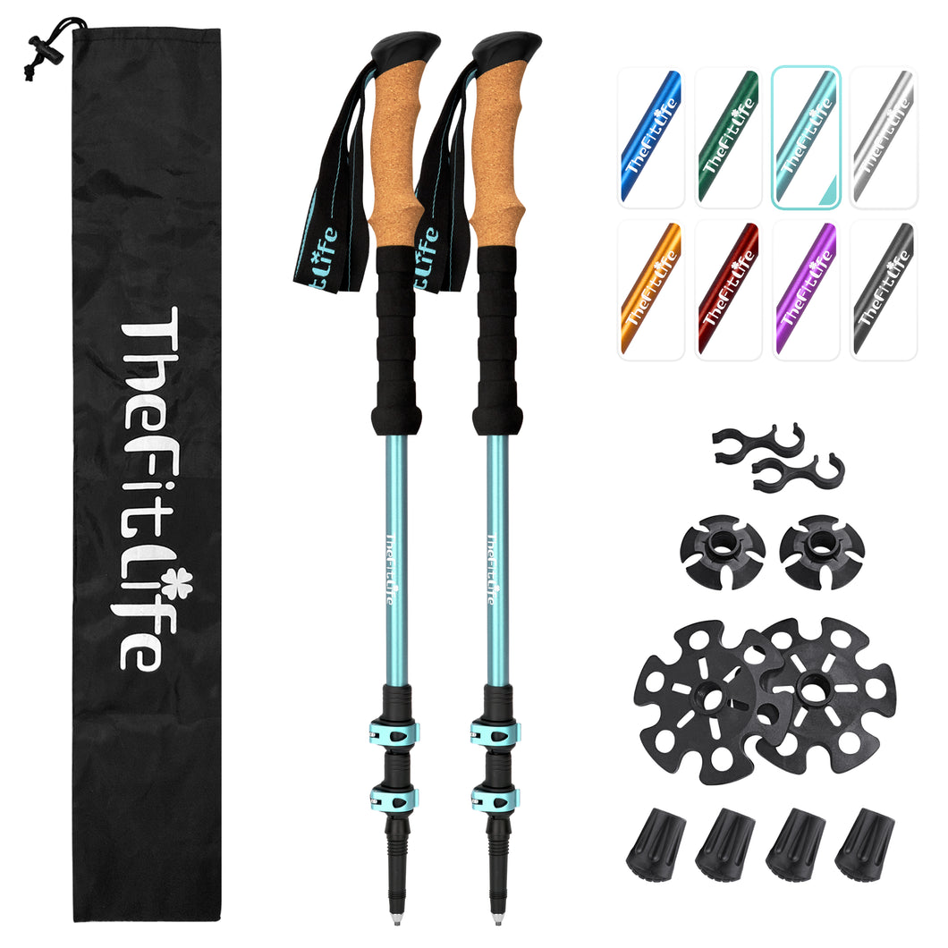 TheFitLife Trekking Poles for Hiking and Walking - Lightweight 7075 Aluminum with Metal Flip Lock and Natural Cork Grip, Walking Sticks for Men, Women, Collapsible, Telescopic, Camping Gear(Cyan)