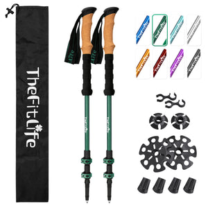 TheFitLife Trekking Poles for Hiking and Walking - Lightweight 7075 Aluminum with Metal Flip Lock and Natural Cork Grip, Walking Sticks for Men, Women, Collapsible, Telescopic, Camping Gear(Green)