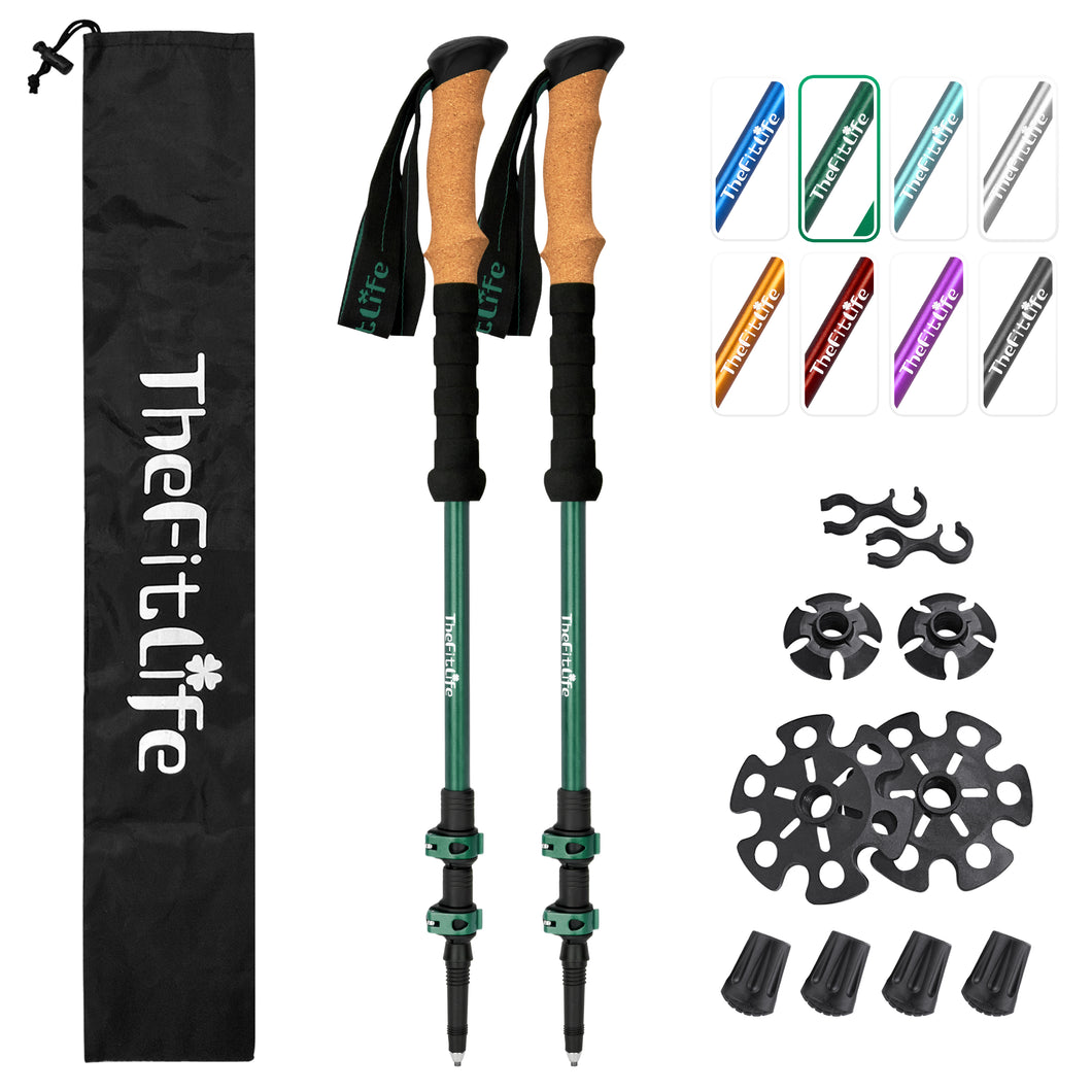 TheFitLife Trekking Poles for Hiking and Walking - Lightweight 7075 Aluminum with Metal Flip Lock and Natural Cork Grip, Walking Sticks for Men, Women, Collapsible, Telescopic, Camping Gear(Green)