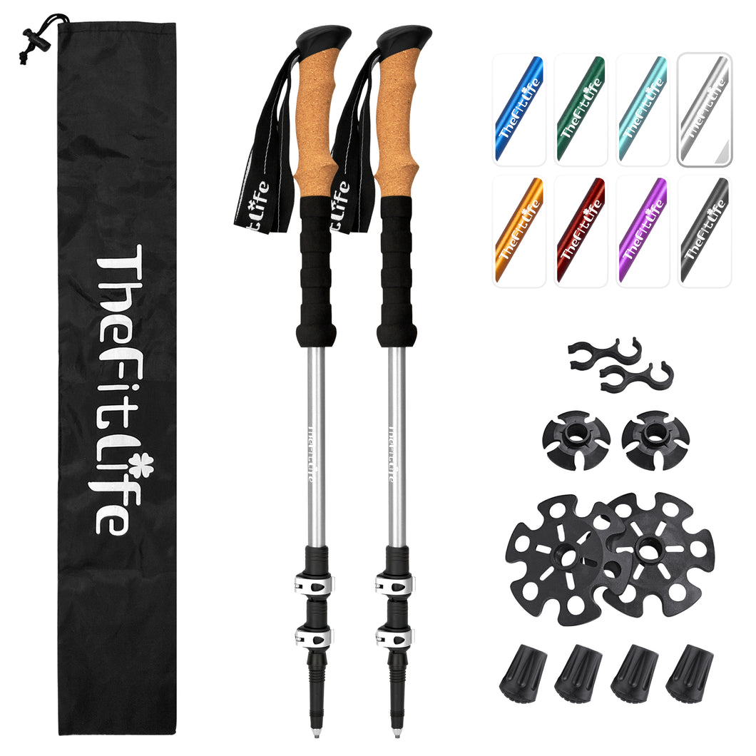 TheFitLife Trekking Poles for Hiking and Walking - Lightweight 7075 Aluminum with Metal Flip Lock and Natural Cork Grip, Walking Sticks for Men, Women, Collapsible, Telescopic, Camping Gear(Silver)