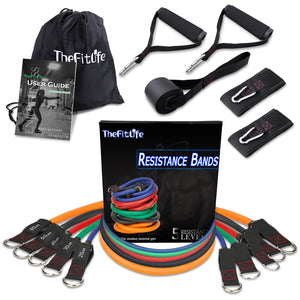 TheFitLife Exercise Resistance Bands with Handles - 5 Fitness Workout Bands Stackable up to 200 lbs, Training Tubes with Large Handles, Ankle Straps, Door Anchor, Carry Bag