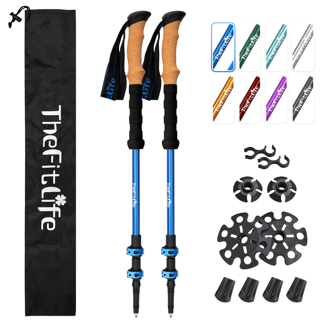 TheFitLife Trekking Poles for Hiking and Walking - Lightweight 7075 Aluminum with Metal Flip Lock and Natural Cork Grip, Walking Sticks for Men, Women, Collapsible, Telescopic, Camping Gear(Blue)