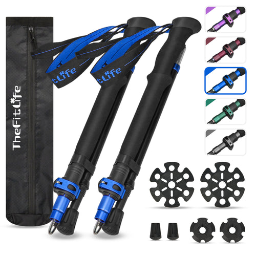 TheFitLife Collapsible Trekking Poles for Hiking – Lightweight Folding Walking Sticks for Men and Women with Extra-Long Foam Handle and Metal Flip Lock(Blue fit 166-192cm)