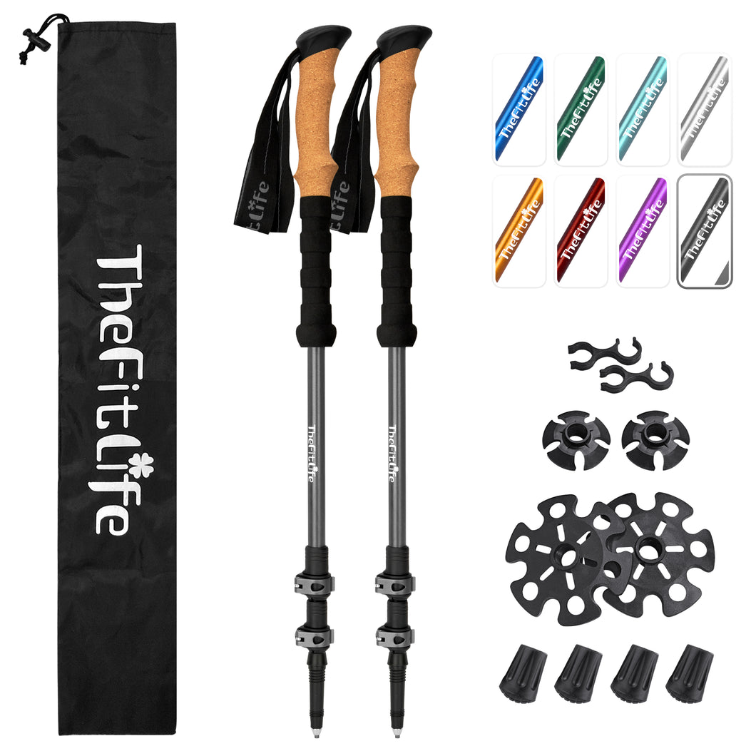 TheFitLife Trekking Poles for Hiking and Walking - Lightweight 7075 Aluminum with Metal Flip Lock and Natural Cork Grip, Walking Sticks for Men, Women, Collapsible, Telescopic, Camping Gear(Grey)