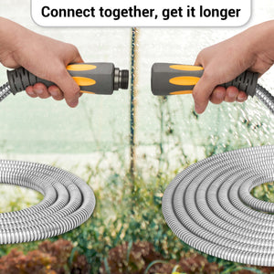 TheFitLife Flexible Metal Garden Hose - 100FT Lightweight Stainless Steel Water Hose with Solid Fittings and Sprayer Nozzle - Leak Proof, Kink Free, Anti-rust, Large Diameter, Durable and Easy Storage