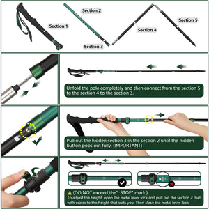 TheFitLife Collapsible Trekking Poles for Hiking – Lightweight Folding Walking Sticks for Men and Women with Extra-Long Foam Handle and Metal Flip Lock（Green fit 166-192cm）