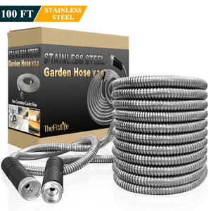 TheFitLife Flexible Metal Garden Hose - 2020 Newest Leak and Break Resistant Design, Stainless Steel Water Hose with Upgrade Solid Metal Fittings, Lightweight Kink Free Durable Easy Storage (100 FT)