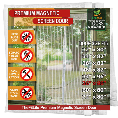 TheFitLife Magnetic Screen Door - Heavy Duty Mesh Curtain with Full Frame Hook and Loop Powerful Magnets That Snap Shut Automatically (38''x97'' - Fits Doors up to 36''x96'', White)