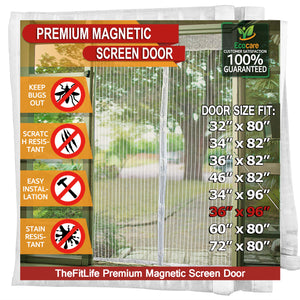 TheFitLife Magnetic Screen Door - Heavy Duty Mesh Curtain with Full Frame Hook and Loop Powerful Magnets That Snap Shut Automatically (38''x97'' - Fits Doors up to 36''x96'', White)