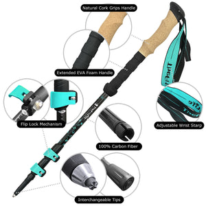 TheFitLife Carbon Fiber Trekking Poles – Collapsible and Telescopic Walking Sticks with Natural Cork Handle and Extended EVA Grips, Ultralight Nordic Hiking Poles for Backpacking Camping