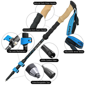 TheFitLife Carbon Fiber Trekking Poles – Collapsible and Telescopic Walking Sticks with Natural Cork Handle and Extended EVA Grips, Ultralight Nordic Hiking Poles for Backpacking Camping