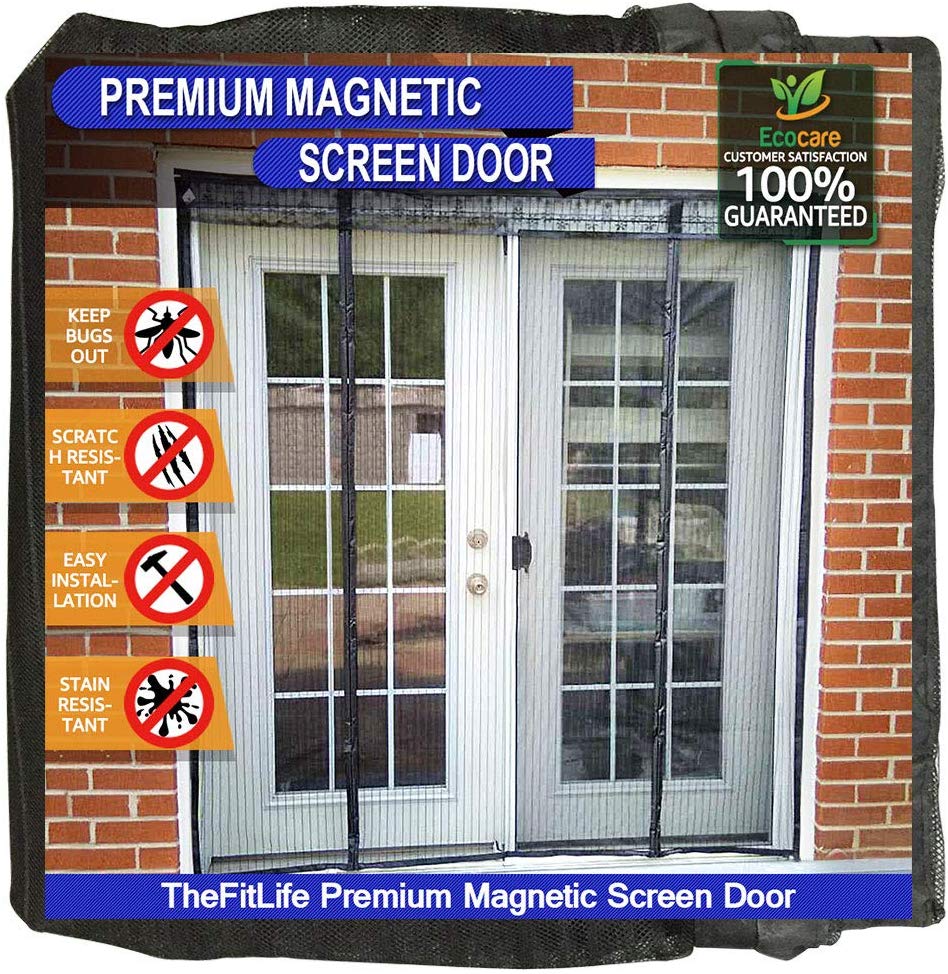 TheFitLife Double Door Magnetic Screen - Mesh Curtain with Full Frame Hook & Loop Powerful Magnets, Snap Shut Automatically for Patio, Sliding Or Large Door, Black Fits Doors up to 60''x80'' Max