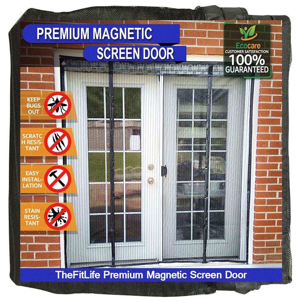 TheFitLife Double Door Magnetic Screen - Mesh Curtain with Full Frame Hook & Loop Powerful Magnets, Snap Shut Automatically for Patio, Sliding Or Large Door, Black Fits Doors up to 72''x80'' Max