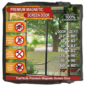 TheFitLife Magnetic Screen Door - Heavy Duty Mesh Curtain with Full Frame Hook and Loop Powerful Magnets That Snap Shut Automatically (74''x81'' - Fits Doors up to 72''x80'', Black)