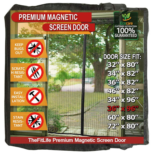 TheFitLife Magnetic Screen Door - Heavy Duty Mesh Curtain with Full Frame Hook and Loop Powerful Magnets That Snap Shut Automatically (38''x97'' - Fits Doors up to 36''x96'', Black)