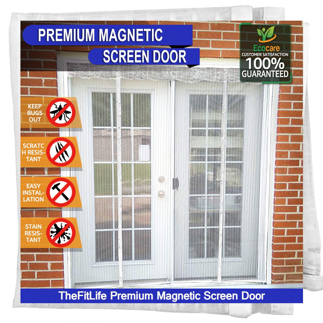 TheFitLife Double Door Magnetic Screen - Mesh Curtain with Full Frame Hook & Loop Powerful Magnets, Snap Shut Automatically for Patio, Sliding or Large Door, White Fits Doors up to 60''x80'' Max