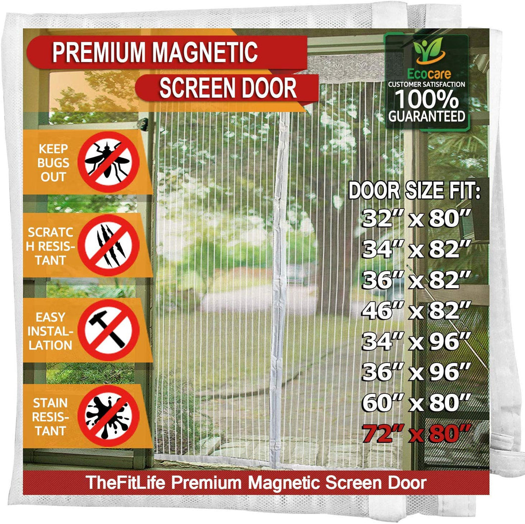 TheFitLife Magnetic Screen Door - Heavy Duty Mesh Curtain with Full Frame Hook and Loop Powerful Magnets That Snap Shut Automatically (74''x81'' - Fits Doors up to 72''x80'', White)